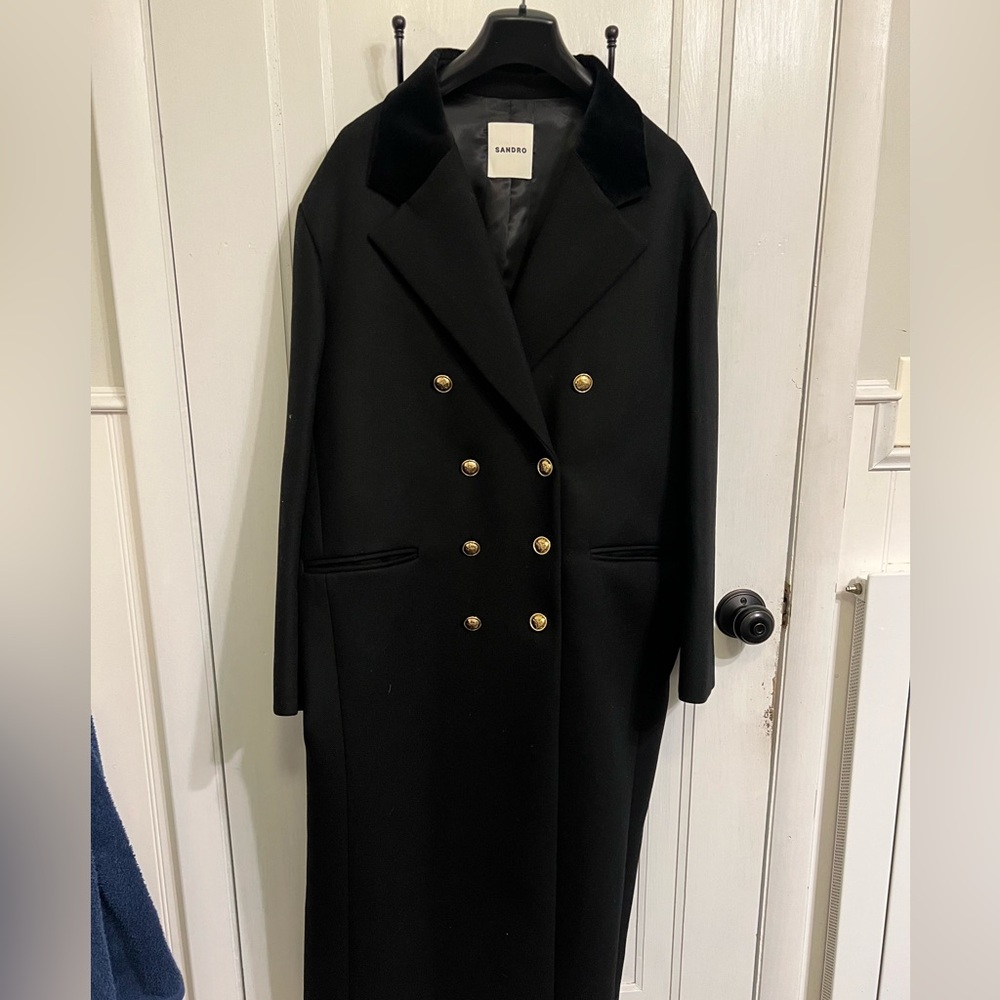 NWT Sandro Double-Breasted Black Wool Full-Length Coat with Gold Buttons, Velvet